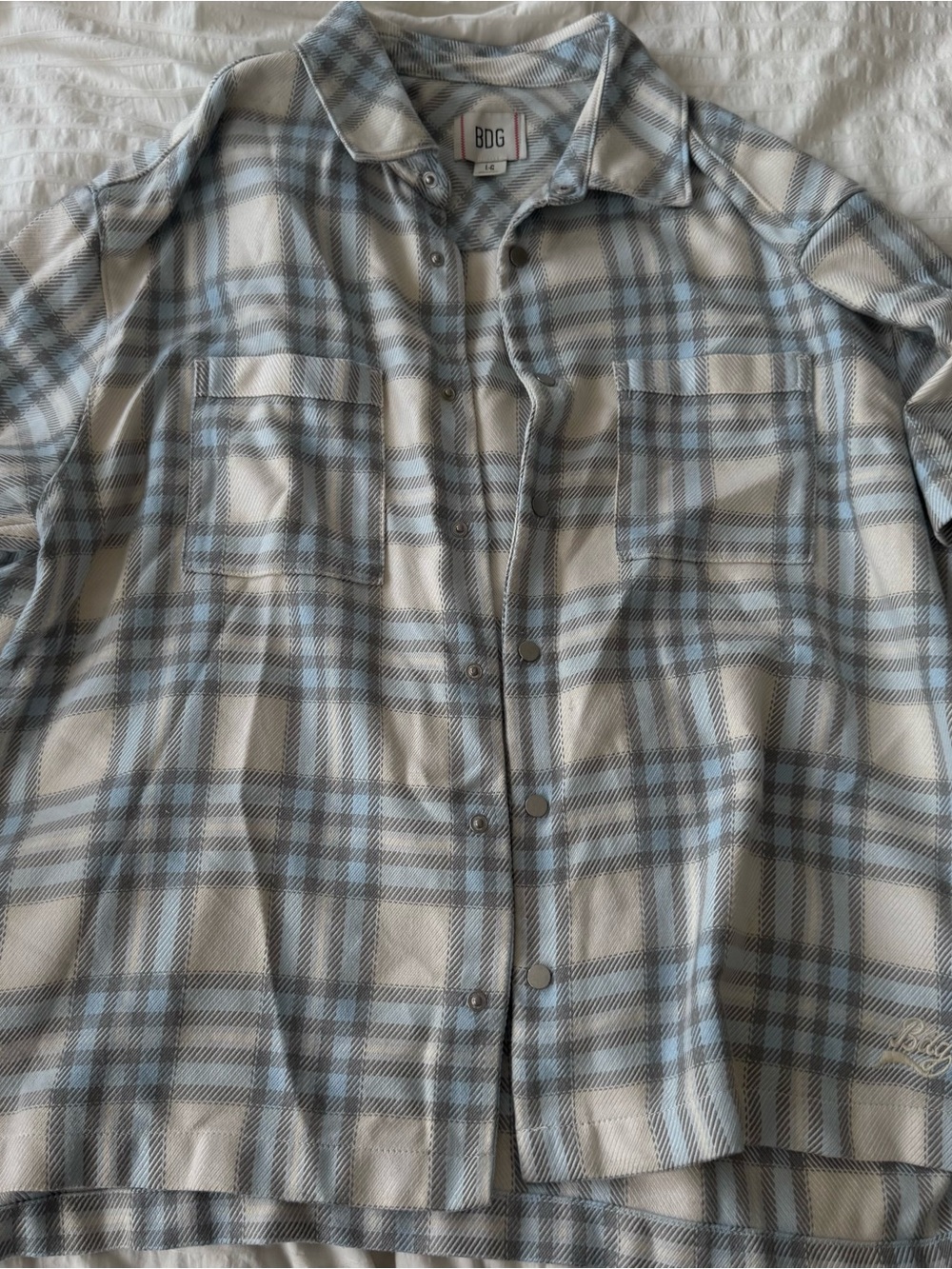 BDG Men’s Blue and Gray Plaid Snap-Front Shirt